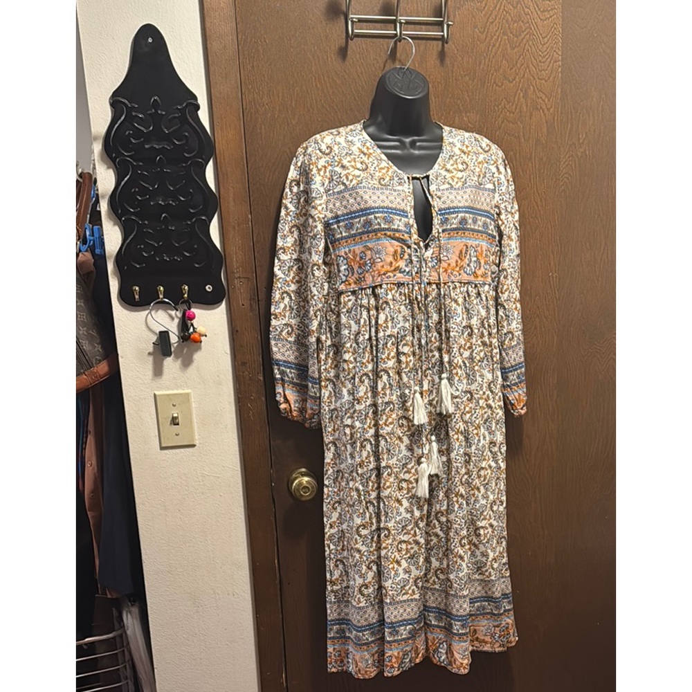Blue and Orange Long Sleeve V-Neck Sundress